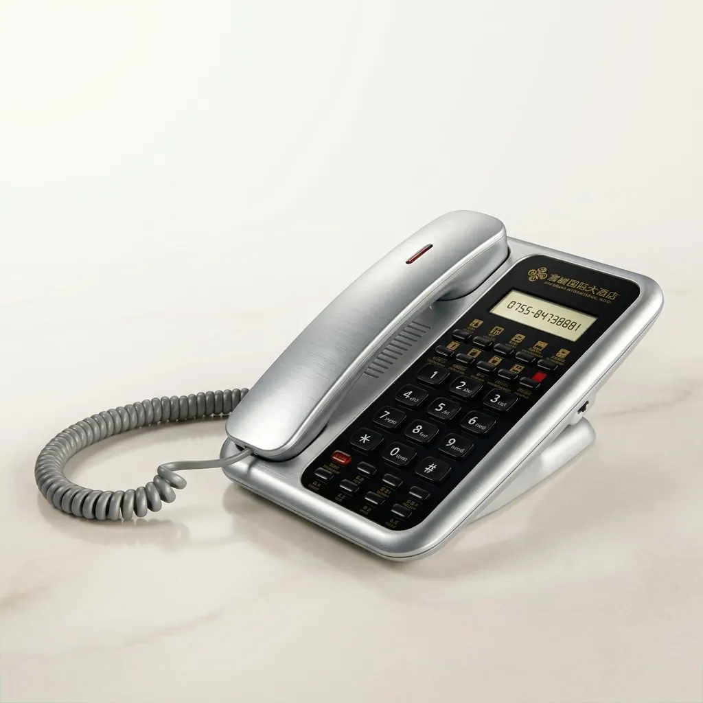 Telephone With Display For Hotel Room - Uv Oil with Handsfree [1063] — TEL-1063 — A hotel room telephone with a caller display, hands-free calling and a high-gloss UV-coated finish. One-touch service buttons, 14-digit memory and adjustable speaker and ring volumes ease daily use, with broad PBX compatibility. Finished in silver. (image 3)