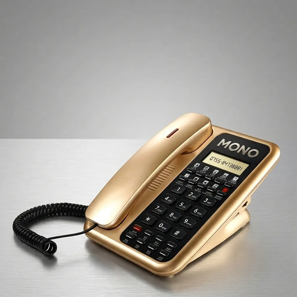Telephone With Display For Hotel Room - Uv Oil with Handsfree [1064] — TEL-1064 — A hotel room telephone with a caller display, hands-free calling and a high-gloss UV-coated finish. One-touch service buttons, 14-digit memory and adjustable volumes make it dependable, with broad PBX compatibility. Finished in gold. (image 1)
