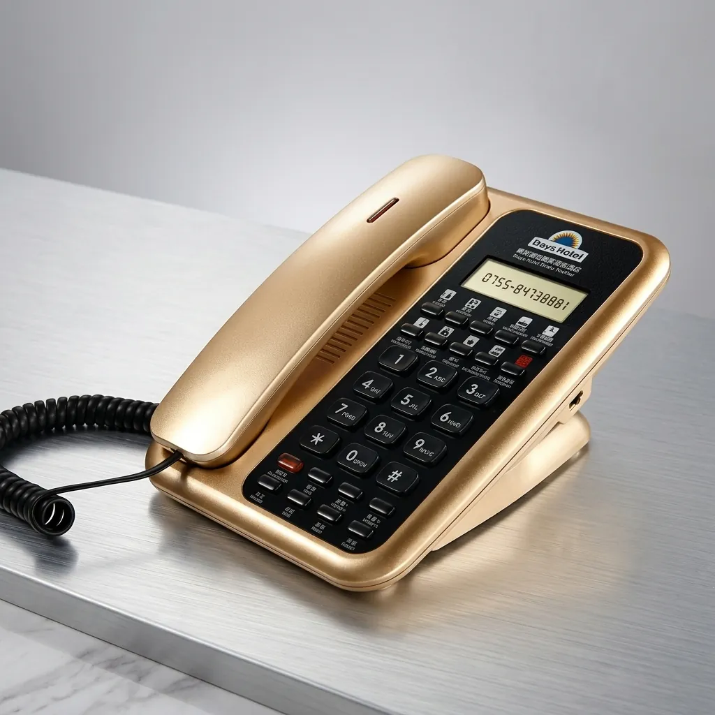 Telephone With Display For Hotel Room - Uv Oil with Handsfree [1064] — TEL-1064 — A hotel room telephone with a caller display, hands-free calling and a high-gloss UV-coated finish. One-touch service buttons, 14-digit memory and adjustable volumes make it dependable, with broad PBX compatibility. Finished in gold. (image 2)