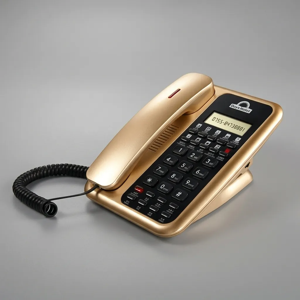Telephone With Display For Hotel Room - Uv Oil with Handsfree [1064] — TEL-1064 — A hotel room telephone with a caller display, hands-free calling and a high-gloss UV-coated finish. One-touch service buttons, 14-digit memory and adjustable volumes make it dependable, with broad PBX compatibility. Finished in gold. (image 3)