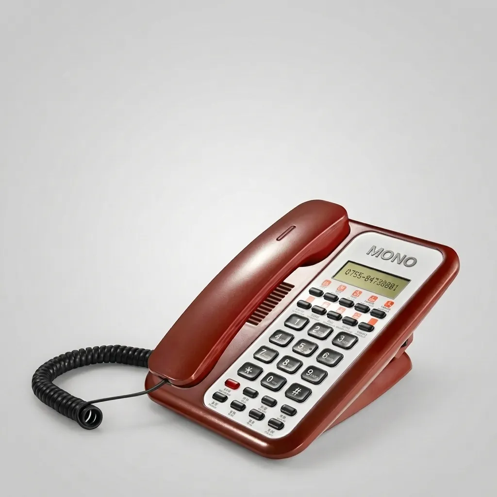 Telephone With Display For Hotel Room - Uv Oil with Handsfree [1065] — TEL-1065 — A hotel room telephone with a caller display, hands-free calling and a high-gloss UV-coated finish. One-touch service buttons, 14-digit memory and adjustable speaker and ring volumes ease everyday use, with broad PBX compatibility. Finished in red. (image 1)