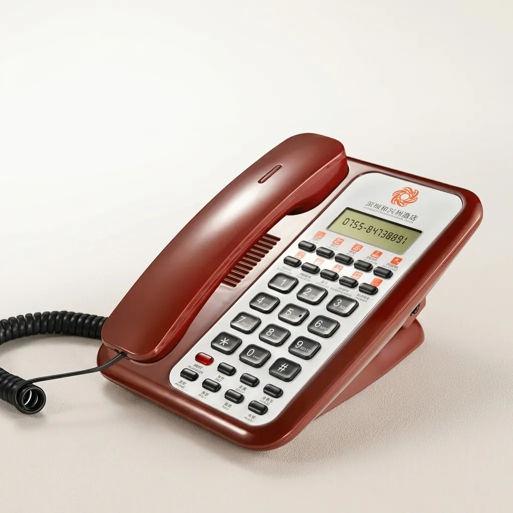 Telephone With Display For Hotel Room - Uv Oil with Handsfree [1065] — TEL-1065 — A hotel room telephone with a caller display, hands-free calling and a high-gloss UV-coated finish. One-touch service buttons, 14-digit memory and adjustable speaker and ring volumes ease everyday use, with broad PBX compatibility. Finished in red. (image 2)