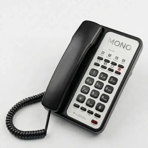 Hotel Desk Telephone with One-Touch Buttons [1068] — TEL-1068 — A hotel desk telephone with a customisable logo panel, one-touch service buttons and three-way talk support. Hands-free calling, auto-redial and a ringer indicator light make it practical, with a data socket and broad PBX compatibility. Desk or wall mountable, finished in black.