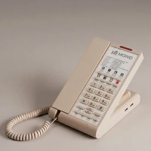 Telephone For Hotel Room – Acrylic [1074] — TEL-1074 — A hotel room telephone with a clear acrylic-accented design, customisable logo panel and one-touch service buttons. With 14-digit memory, three-way talk, a large message-waiting light and music on hold, it suits stylish guest rooms. Broad PBX compatibility, finished in beige.