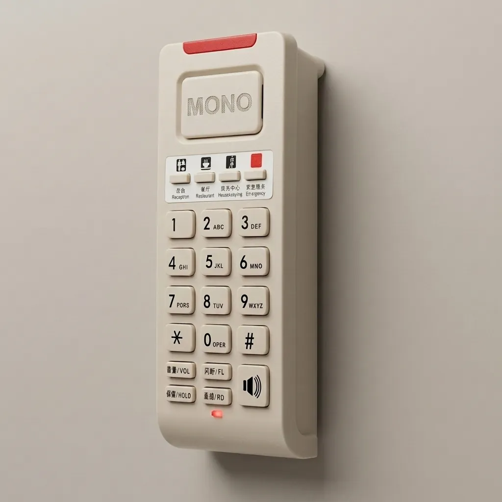 Wireless Hotel Phone Emergency [1080] — TEL-1080 — A hotel emergency telephone with a fashionable design, customisable logo panel and one-touch direct-call buttons for fast assistance. With 14-digit memory, three-way talk, a ring-indicator light and music on hold, it puts help within easy reach. Broad PBX compatibility, desk or wall mountable, finished in beige. (image 1)
