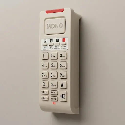 Wireless Hotel Phone Emergency [1080] — TEL-1080 — A hotel emergency telephone with a fashionable design, customisable logo panel and one-touch direct-call buttons for fast assistance. With 14-digit memory, three-way talk, a ring-indicator light and music on hold, it puts help within easy reach. Broad PBX compatibility, desk or wall mountable, finished in beige.