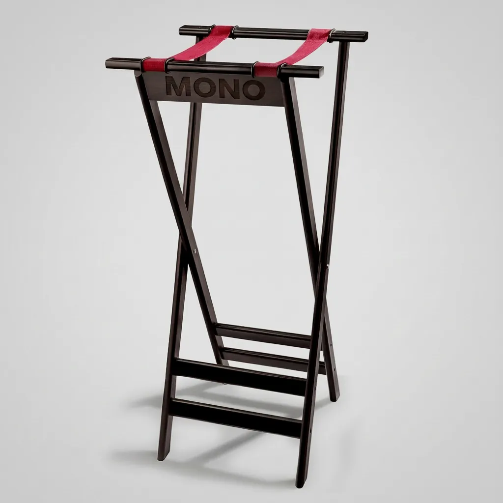 Tall Wood Folding Tray Stand Mahogany — TRS-1024 — A tall folding tray stand in solid teak with a rich mahogany finish, ideal for room service and dining. Slip-proof top rings and two supporting straps hold trays securely, and the frame folds flat for easy storage. Measures 460x505x800mm. (image 1)
