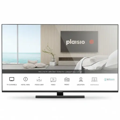 Turbo-X Hotel TV 32" Full HD — TVS-1028 — A 32-inch Turbo-X hotel TV with a Full HD 1920x1080 panel and a Smart Linux platform. Hotel features include USB cloning, hotel mode and menu, plus WiFi, Netflix, YouTube and Miracast casting. Three HDMI inputs, Ethernet and DVB-T2 with satellite tuner.