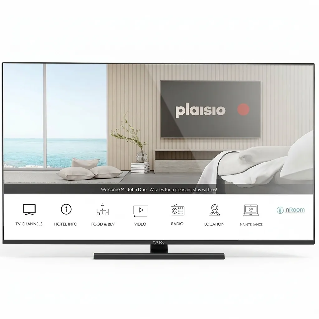 Turbo-X Hotel TV 32" Full HD — TVS-1028 — A 32-inch Turbo-X hotel TV with a Full HD 1920x1080 panel and a Smart Linux platform. Hotel features include USB cloning, hotel mode and menu, plus WiFi, Netflix, YouTube and Miracast casting. Three HDMI inputs, Ethernet and DVB-T2 with satellite tuner. (image 2)
