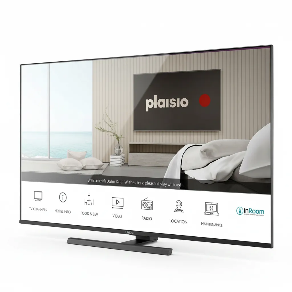 Turbo-X Hotel TV 32" Full HD — TVS-1028 — A 32-inch Turbo-X hotel TV with a Full HD 1920x1080 panel and a Smart Linux platform. Hotel features include USB cloning, hotel mode and menu, plus WiFi, Netflix, YouTube and Miracast casting. Three HDMI inputs, Ethernet and DVB-T2 with satellite tuner. (image 3)
