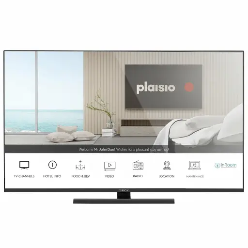 Turbo-X Hotel TV 43" 4K Ultra HD — TVS-1029 — A 43-inch Turbo-X hotel TV with a 4K Ultra HD 3840x2160 panel and a Smart Linux platform. Hotel features include USB cloning, hotel mode and menu, plus WiFi, Netflix, YouTube and Miracast casting. Three HDMI inputs, Ethernet and DVB-T2 with satellite tuner.