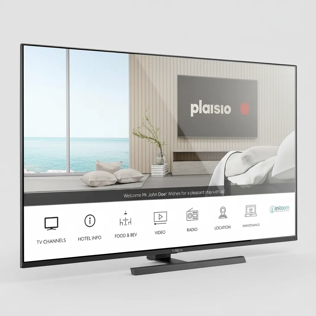 Turbo-X Hotel TV 43" 4K Ultra HD — TVS-1029 — A 43-inch Turbo-X hotel TV with a 4K Ultra HD 3840x2160 panel and a Smart Linux platform. Hotel features include USB cloning, hotel mode and menu, plus WiFi, Netflix, YouTube and Miracast casting. Three HDMI inputs, Ethernet and DVB-T2 with satellite tuner. (image 2)