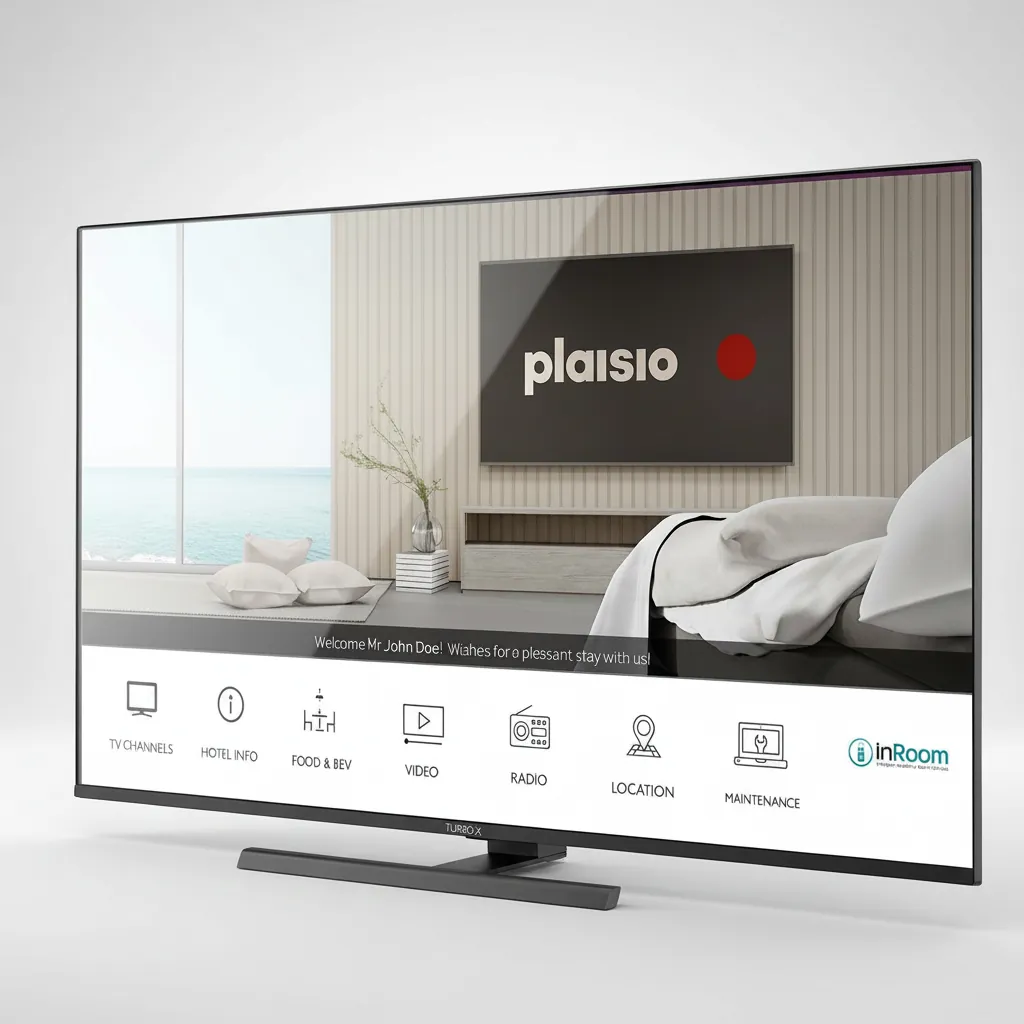 Turbo-X Hotel TV 43" 4K Ultra HD — TVS-1029 — A 43-inch Turbo-X hotel TV with a 4K Ultra HD 3840x2160 panel and a Smart Linux platform. Hotel features include USB cloning, hotel mode and menu, plus WiFi, Netflix, YouTube and Miracast casting. Three HDMI inputs, Ethernet and DVB-T2 with satellite tuner. (image 3)