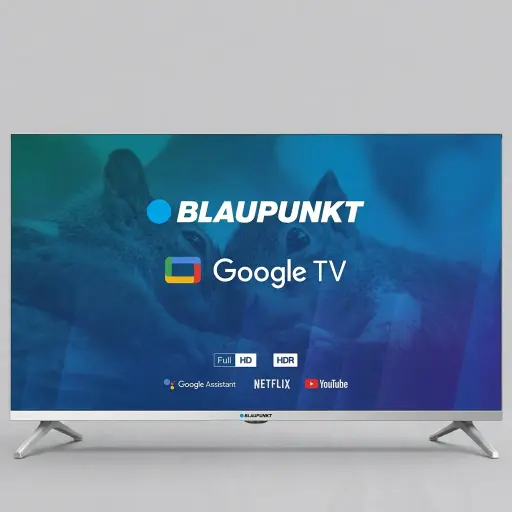 Blaupunkt 32" Google TV Fhd with LED — TVS-1037 — A 32-inch Blaupunkt Full HD Google TV with a Direct LED panel and Dolby Digital Plus audio at a strong 16W output. A wide app range including Netflix, YouTube and Disney+ keeps compact rooms entertained. Triple tuner with DVB-C, S2 and T2 reception.