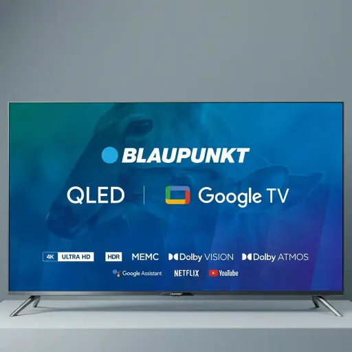 Blaupunkt 43" Google Tv 4K UHD Qled — TVS-1040 — A 43-inch Blaupunkt 4K UHD QLED Google TV with vivid colour and Dolby Vision support. Dolby Atmos audio at 16W and popular apps including Netflix, YouTube and Apple TV make it versatile. Triple tuner with DVB-C, S2 and T2 reception.