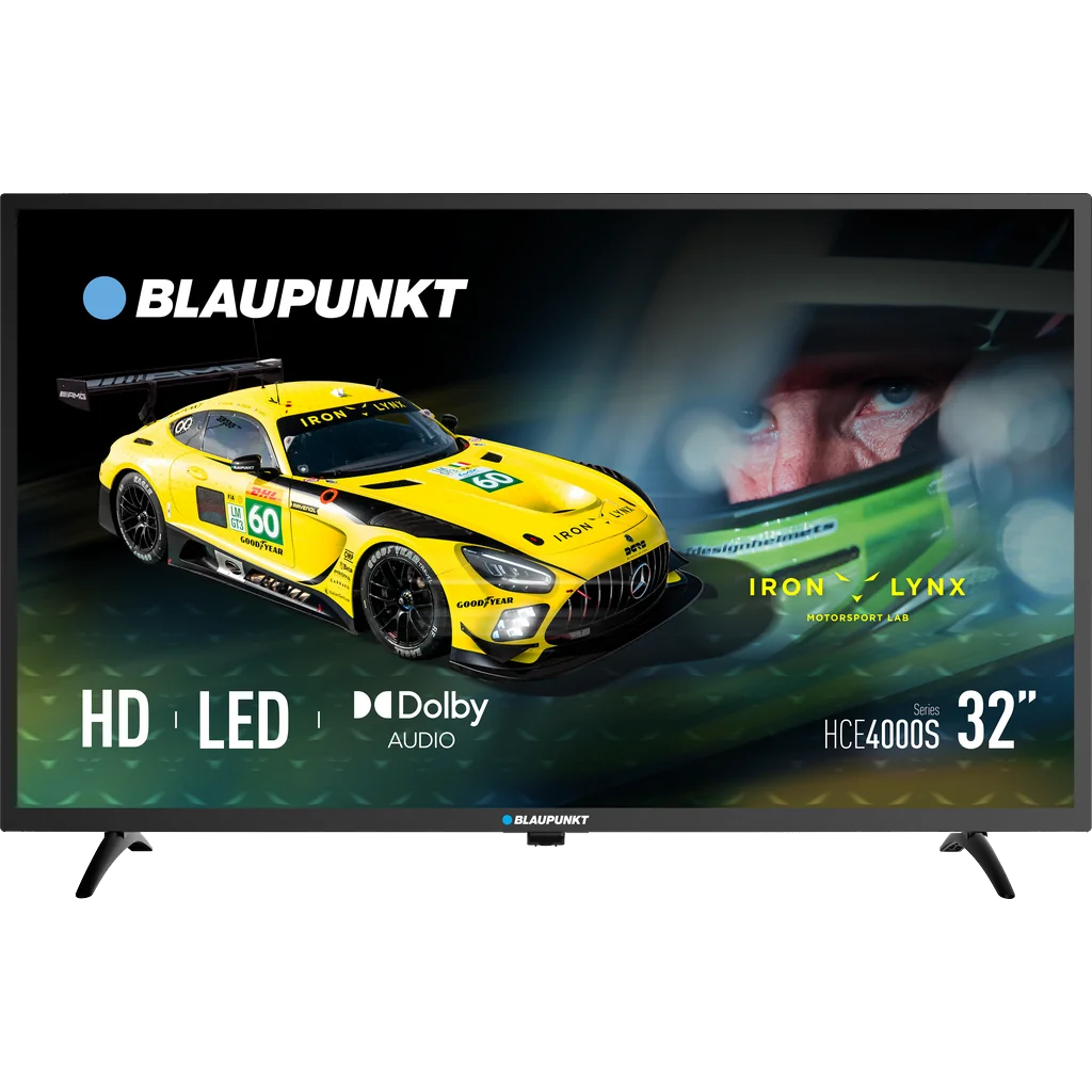 Blaupunkt 32" HD DLED TV Non-Smart — TVS-1043 — A 32-inch Blaupunkt non-smart HD LED TV with 1366x768 resolution and 60Hz refresh rate. Dolby Audio 2x8W speakers deliver clear sound. Includes 2 HDMI, USB and optical output, plus VESA 100x100 wall mounting. Weighs 4.6 kg.