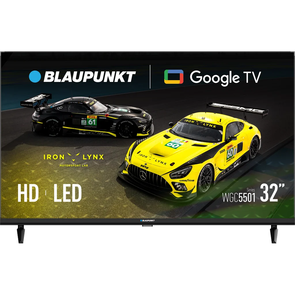 Blaupunkt 32" HD Google TV, Dolby Audio — TVS-1044 — A 32-inch Blaupunkt HD-Ready Google TV with built-in Chromecast and Google Assistant. Dolby Audio 2x6W speakers, a quintuple DVB tuner and 2 HDMI/USB ports. Energy class E, weighs 4 kg with VESA 100x100 mount.
