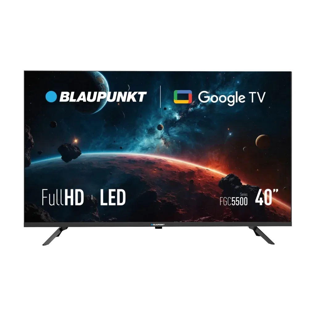 Blaupunkt 40" FHD Google TV, Dolby Audio — TVS-1045 — A 40-inch Blaupunkt Full HD Google TV with an IPS panel and Direct LED backlight for wide viewing angles. 16W Dolby Audio speakers, 2 HDMI 2.0 and USB ports, plus Wi-Fi and Bluetooth. Weighs 7 kg.