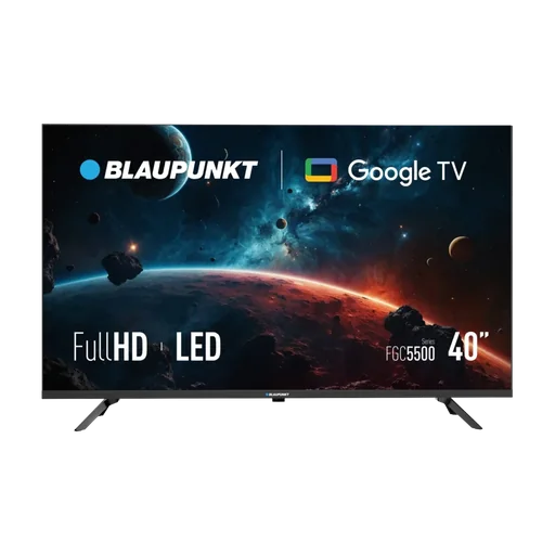 Blaupunkt 40" FHD Google TV, Dolby Audio — TVS-1045 — A 40-inch Blaupunkt Full HD Google TV with an IPS panel and Direct LED backlight for wide viewing angles. 16W Dolby Audio speakers, 2 HDMI 2.0 and USB ports, plus Wi-Fi and Bluetooth. Weighs 7 kg.