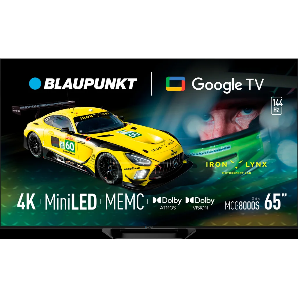 Blaupunkt 65" Mini LED 4K, Google TV, Dolby Atmos — TVS-1047 — A 65-inch Blaupunkt Mini LED 4K TV with 576 dimming zones, a 144Hz refresh rate and 1000-nit peak brightness. HDR10+, Dolby Vision and Dolby Atmos with a 20W subwoofer. Google TV 5.0, 3x HDMI 2.1. Weighs 19 kg.