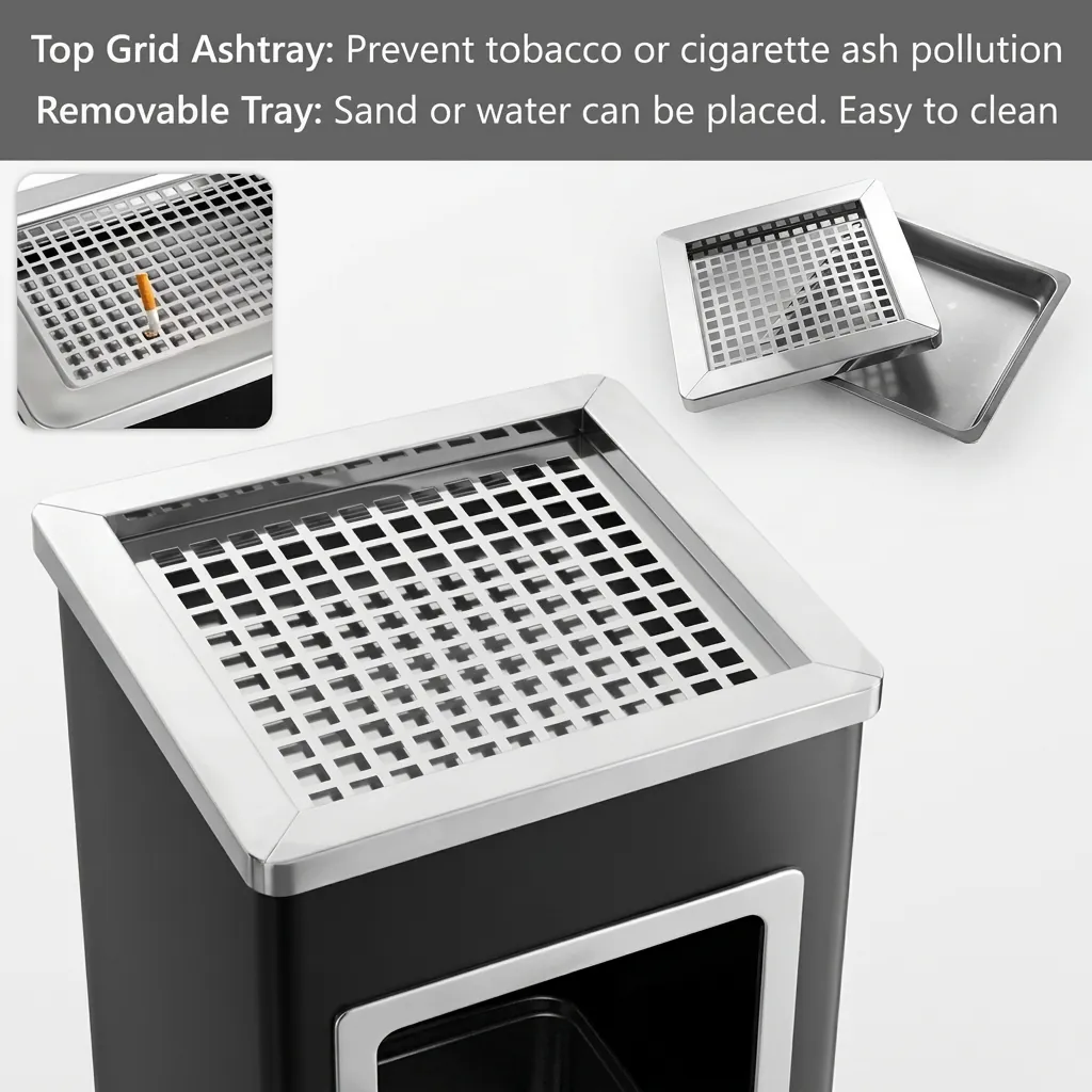 Square Standing Bin With Ashtray Stainless Steel [1032] — WBN-1032 (image 4)