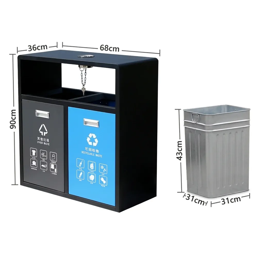 Galvanized Steel Outdoor Recycle Bin With 2 Compartment & Ashtray — WBN-1035 (image 5)