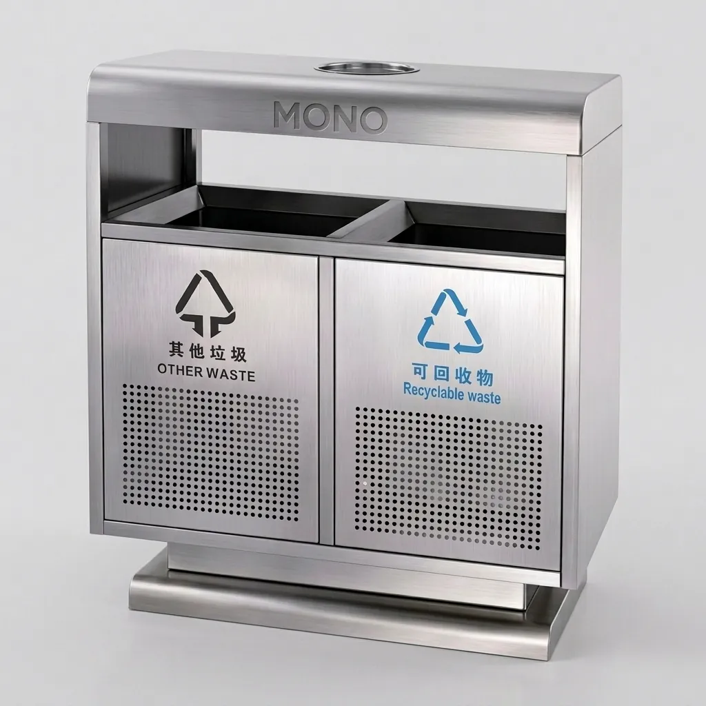 Stainless Steel Outdoor Recycle Bin With 2 Compartment & Ashtray — WBN-1036 (image 1)