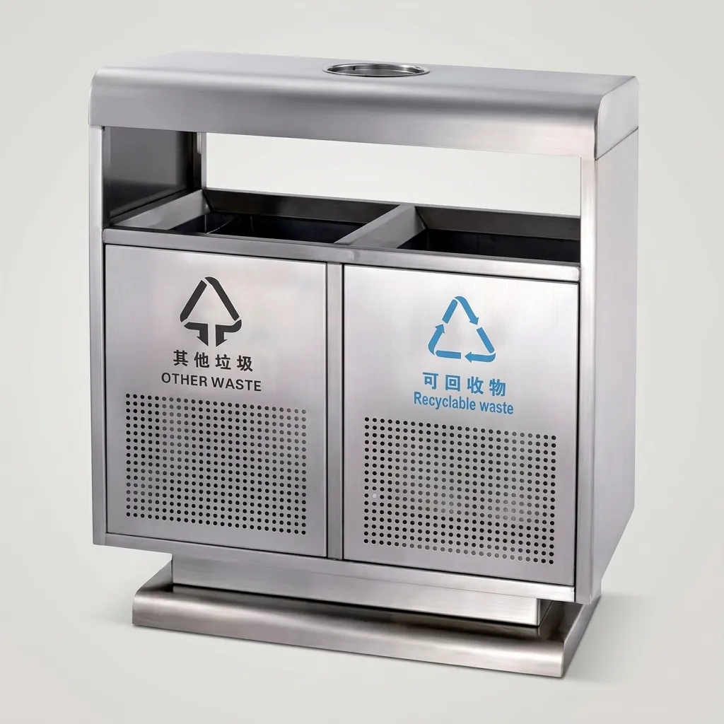 Stainless Steel Outdoor Recycle Bin With 2 Compartment & Ashtray — WBN-1036 (image 3)
