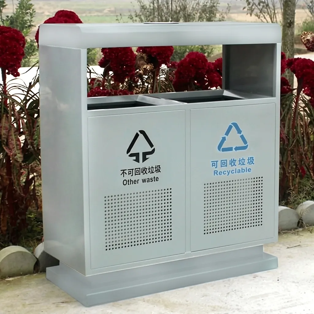 Stainless Steel Outdoor Recycle Bin With 2 Compartment & Ashtray — WBN-1036 (image 4)