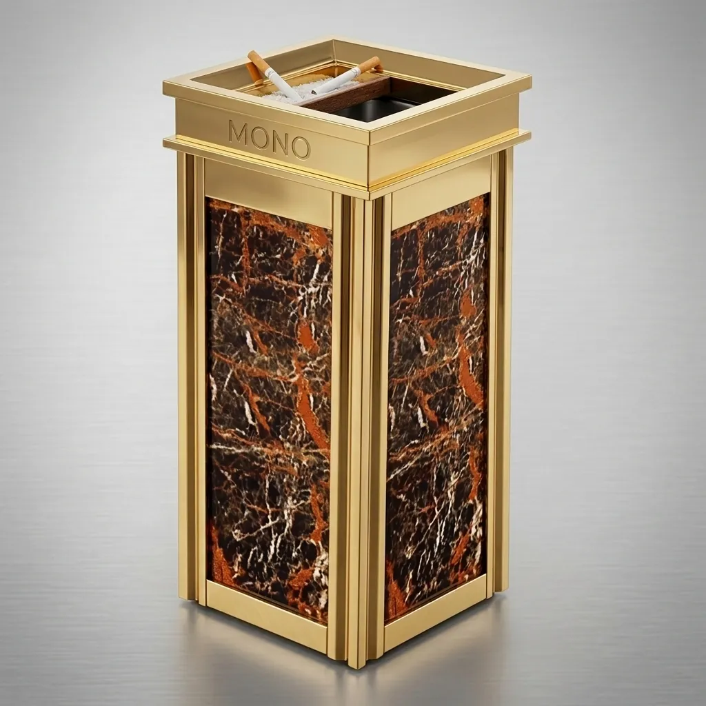 Square Standing Bin With Ashtray Marble & Stainless Steel — WBN-1041 (image 1)