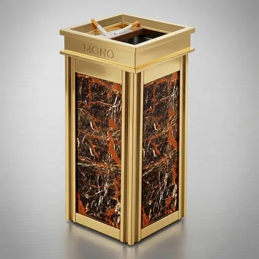 Square Standing Bin With Ashtray Marble & Stainless Steel — WBN-1041