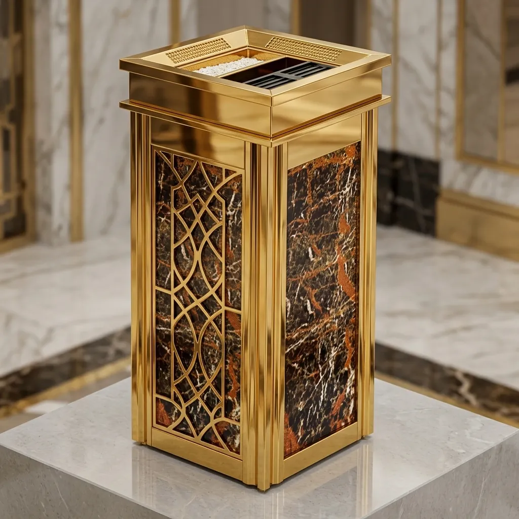 Square Standing Bin With Ashtray Marble & Stainless Steel — WBN-1041 (image 2)