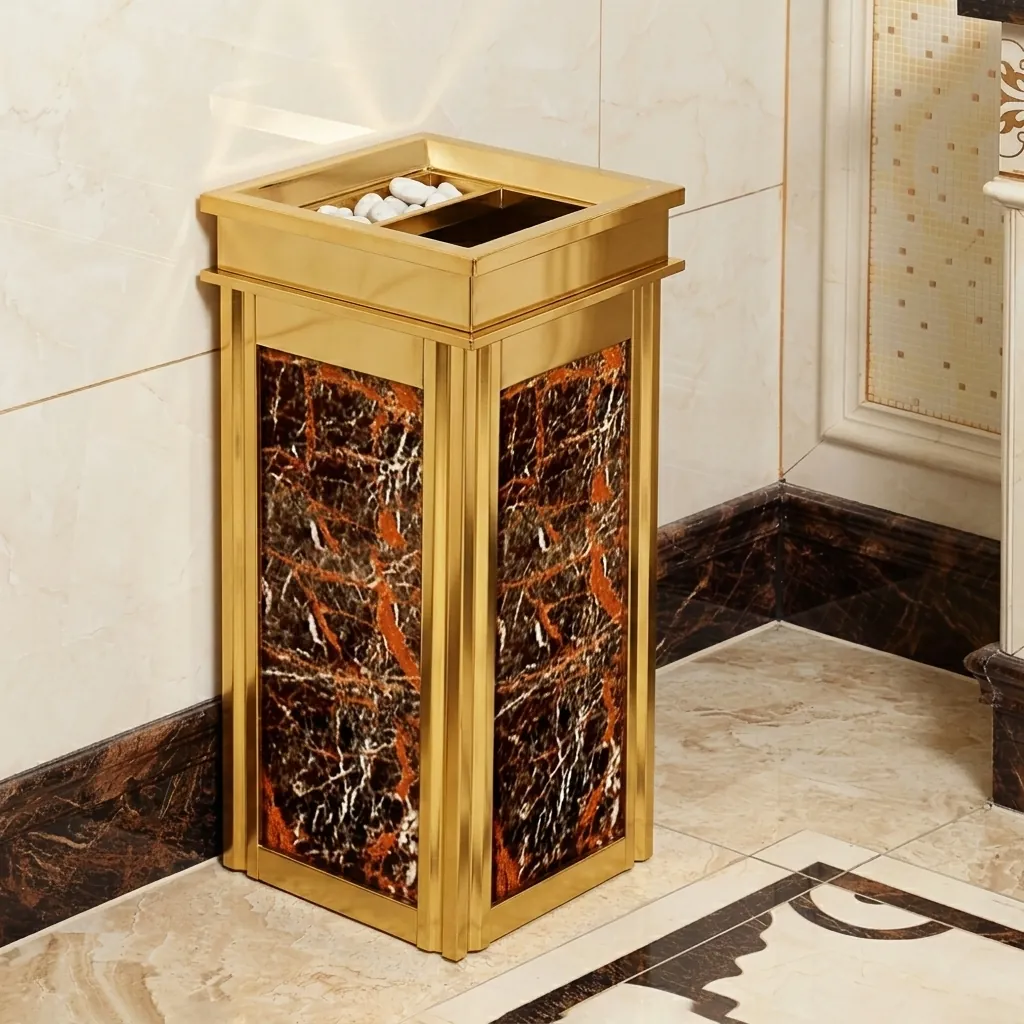 Square Standing Bin With Ashtray Marble & Stainless Steel — WBN-1041 (image 5)