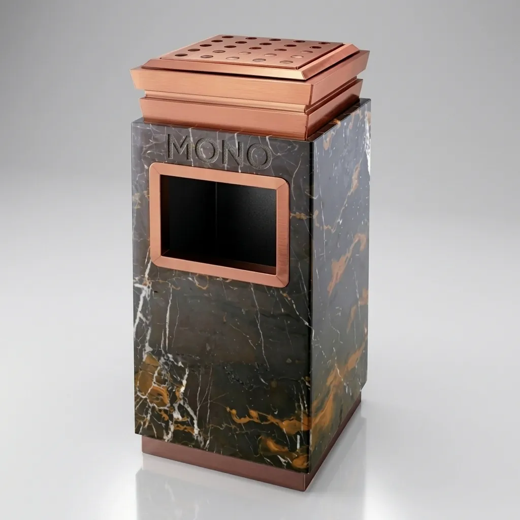 Stainless Steel Square Standing Bin With Ashtray Marble & with Anti-Slip — WBN-1046 — A square standing litter bin with a polished stainless steel lid, marble accents and a built-in ashtray. A galvanised removable inner barrel makes emptying easy, with a thick, non-slip base for indoor or outdoor use. Measures 30x30x72cm, in rose gold, stainless steel or black. (image 1)