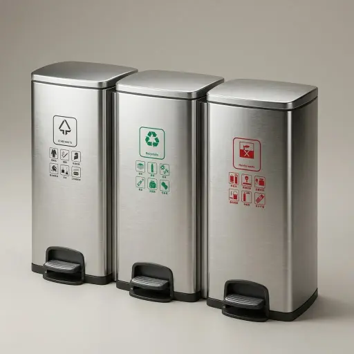 Stainless Steel Recycle Pedal Bin 90L — WBN-1049 — A 90L recycling pedal bin in brushed 410 stainless steel with three 30L compartments for full waste sorting. A fingerprint-resistant finish, air-cylinder soft-close lids and plastic inner barrels keep it tidy and easy to clean. Measures 97x26.5x69cm, for indoor or outdoor use.