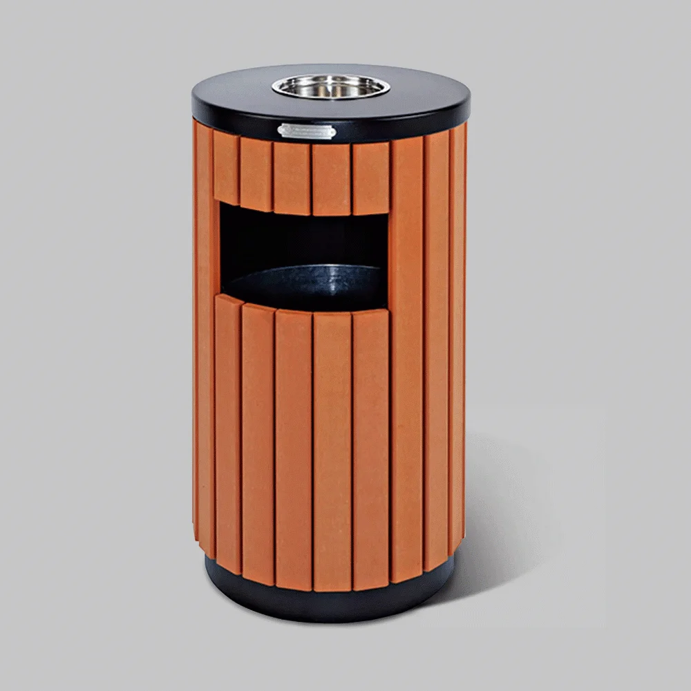 Outdoor Wood & Zinc-Iron Trash Can Bin With Ashtray 33Ltr — WBN-1050