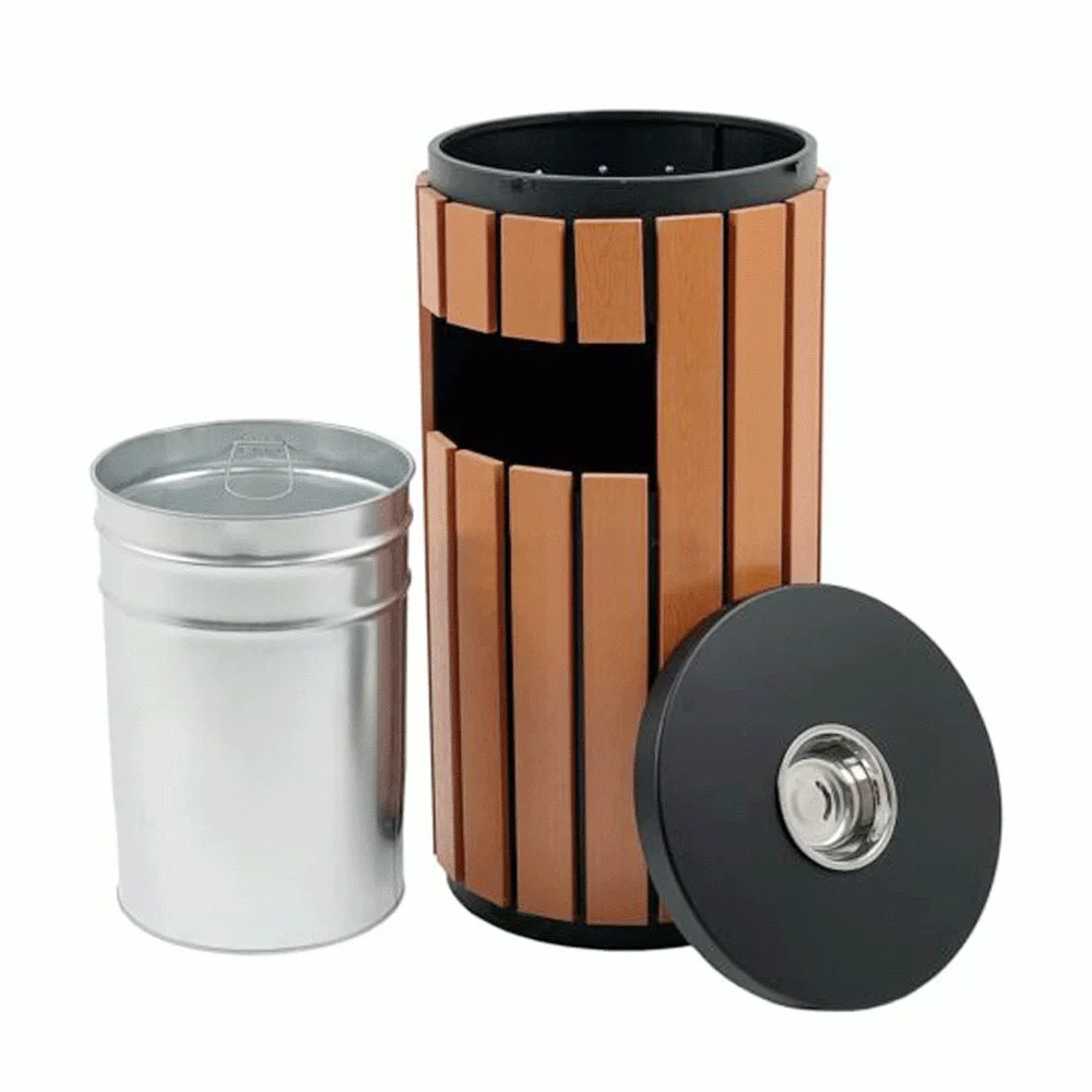 Outdoor Wood & Zinc-Iron Trash Can Bin With Ashtray 33Ltr — WBN-1050 (image 2)