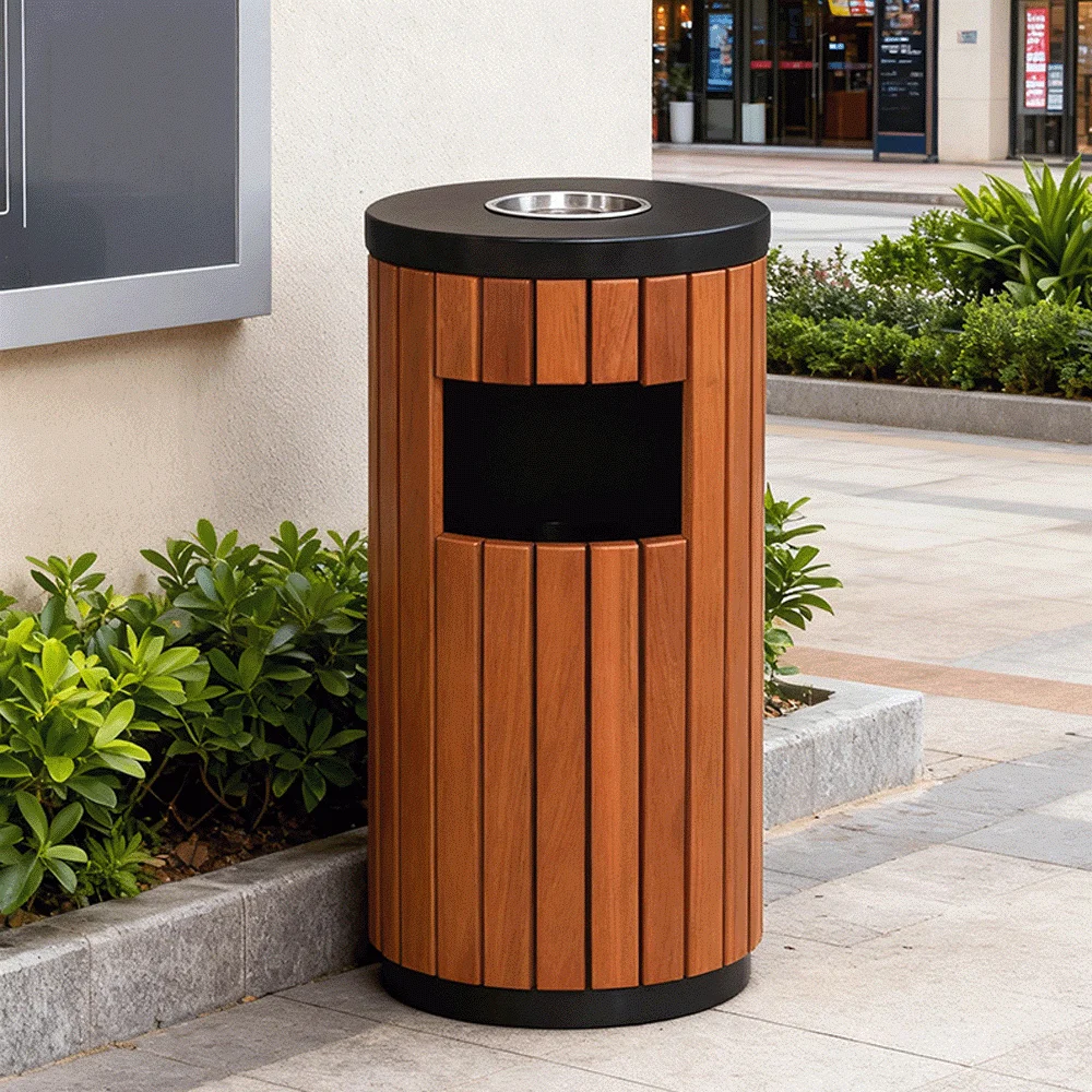 Outdoor Wood & Zinc-Iron Trash Can Bin With Ashtray 33Ltr — WBN-1050 (image 5)