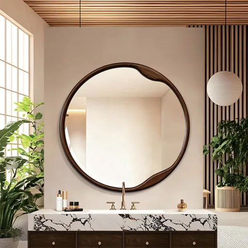 Round Walnut Frame Mirror with Wavy Inner Edge — WLM-1034
