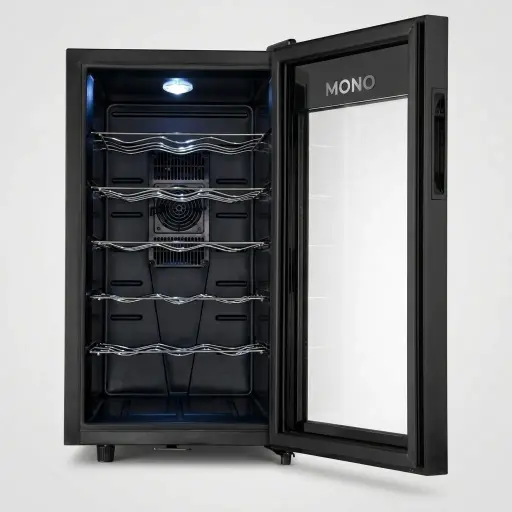 Wine Cooler 48L — WNF-1025 — An 18-bottle wine cooler with a 48L capacity, five shelves, a lock and a single glass door. Single-zone cooling holds 12 to 18 degrees at a quiet 30dB, in a freestanding black stainless steel finish. Measures 33.5x64.8x51.3cm.