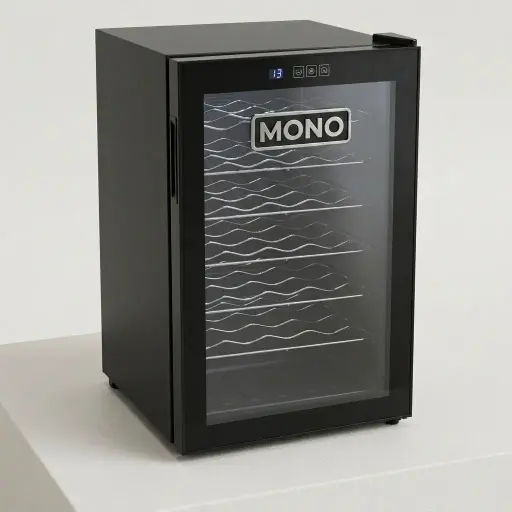 Wine Cooler 65L — WNF-1026 — A 28-bottle wine cooler with a 65L capacity, six chrome-plated shelves and a tempered mirror-glass door. A blue-ray touchscreen sets the 12 to 18 degree range in Celsius or Fahrenheit, with soft interior LED light and an invisible side handle. CFC-free, measuring 46x73.5x54cm, in black or blue.