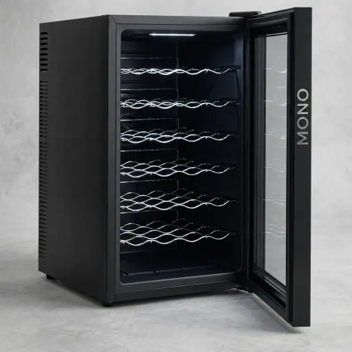 Wine Cooler 65L with Lock — WNF-1027 — A 28-bottle wine cooler with a 65L capacity, six chrome-plated shelves, a lock and a tempered mirror-glass door. A touchscreen sets the 12 to 18 degree range in Celsius or Fahrenheit, with soft interior LED light and an invisible side handle. CFC-free, measuring 46x73.8x52cm, finished in black.