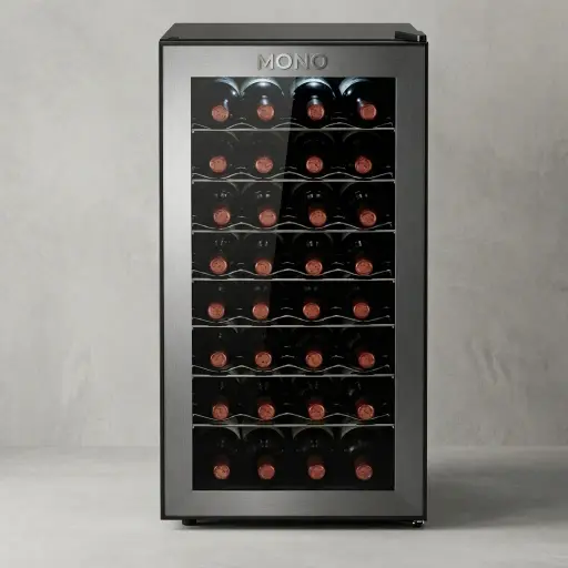 Mini Wine Cooler 78ltr, 32 Bottles — WNF-1028 — A 32-bottle wine cooler with a 78L capacity, eight chrome-plated shelves and a tempered mirror-glass door. A touchscreen sets the 12 to 18 degree range in Celsius or Fahrenheit, with soft interior LED light and an invisible side handle. CFC-free, measuring 40x84.8x51.2cm.