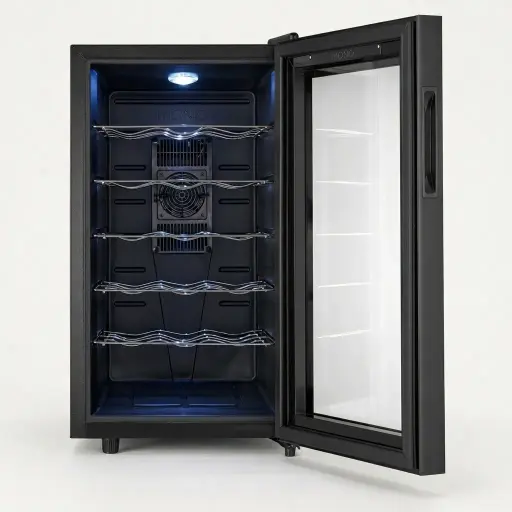 Wine Cooler 78L — WNF-1029 — A 32-bottle wine cooler with a 78L capacity, five shelves and a tempered mirror-glass door in a black stainless steel finish. A touchscreen sets the 12 to 18 degree range in Celsius or Fahrenheit, with soft interior LED light. CFC-free and freestanding, measuring 33.5x64.8x51.1cm.