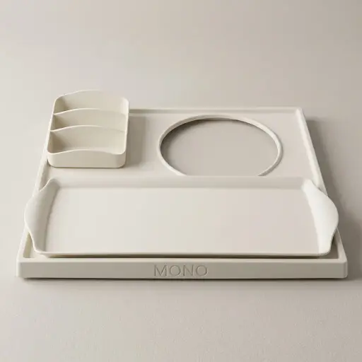 Melamine Welcome Tray with Tea Box [1028] — WTR-1028 — A melamine welcome tray set with a main tray, three-compartment tea box and matching serving tray in strong, non-crack melamine. An integrated kettle space suits various kettle models, with a polished, fire-resistant and water-resistant finish. The main tray measures 34.5x31.5cm, in black or ivory.
