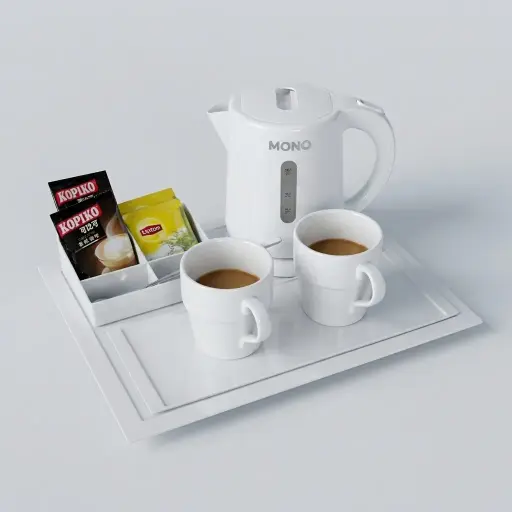 Melamine Welcome Tray with Tea Box [1031] — WTR-1031 — A melamine welcome tray set with a main tray, four-compartment tea box and matching serving tray in strong, non-crack melamine. A polished, fire-resistant finish and space for a kettle with base make it durable and easy to clean. The main tray measures 38.5x30.8cm, in black, white or ivory.