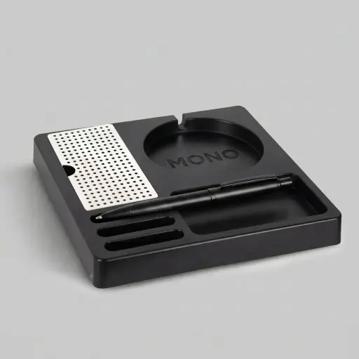 Heat-Resistant ABS 3-in-1 Tray with Stainless Steel Drip Tray [1042] — WTR-1042 — A three-in-one heat-resistant ABS welcome tray with an integrated kettle base, four sachet-and-spoon compartments and space for two cups. A removable 304 stainless steel drip tray and tough, water-resistant build keep it tidy and easy to clean. A compact 24x24x3cm tray, finished in black.