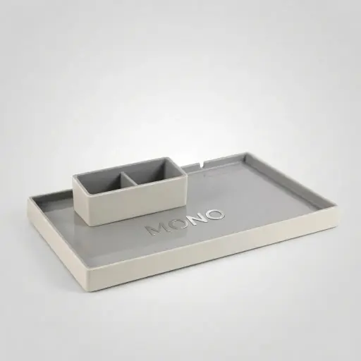 Dual Color ABS Welcome Tray [1045] — WTR-1045 — An elegant rectangular ABS welcome tray with a double-layer, dual-colour design and a cable cut-out for the kettle. A non-slip pad and water-repellent surface keep it tidy while presenting beverage service. Measures 39x26x3cm, in black, white or grey.