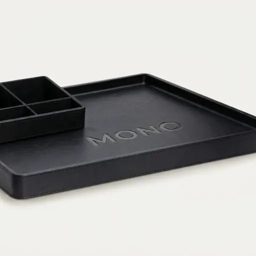 ABS Welcome Tray Double Layer With Leather Wrapped — WTR-1048 — A compact double-layer ABS welcome tray wrapped in leather with a wood-grain finish, suited to a range of kettles. Water-resistant and burn-resistant, its refined rectangular form presents beverage service elegantly. Measures 38.5x30.5x3cm, in black or white.