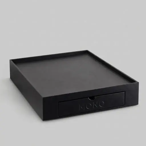 Drawer Welcome Tray with Capsule Recesses — WTR-1051 — A large faux-leather drawer welcome tray suited to all common coffee machines and kettles. A removable drawer holds ten espresso capsules plus two compartments for teabags, sugar sticks or spoons, with room for a machine, kettle and cups. Non-slip footing keeps it stable, measuring 31.5x41.5cm.